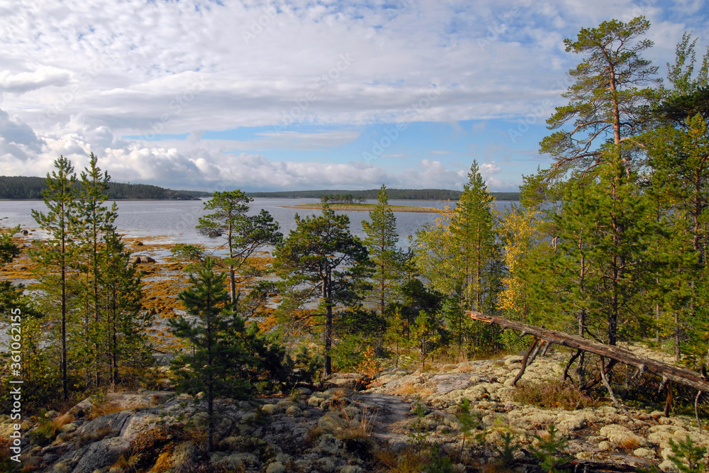 Karelian landscape. View of Kandalaksha Gulf of White Sea from Sidorov island. Republic of Karelia, Russia.