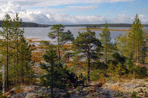 Karelian landscape. View of Kandalaksha Gulf of White Sea from Sidorov island. Republic of Karelia, Russia.