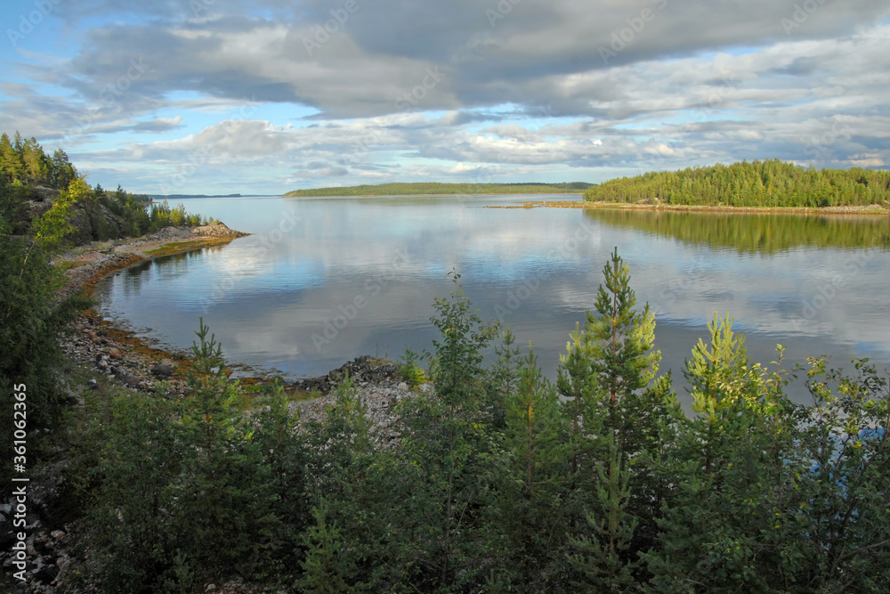 Karelian landscape. View of Kandalaksha Gulf of White Sea from Sredny island. Keret archipelago, Republic of Karelia, Russia. Karelian landscape. View of Kandalaksha Gulf of White Sea from Sredny island. Keret archipelago, Republic of Karelia, Russia.