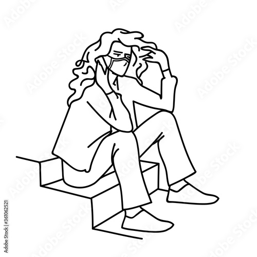 Young woman in medical mas sits on stairs, calls family on phone while coronavirus pandemic. Vector illustration of sad girl in hand-drawn linear style isolated on white background. Pandemic concept.