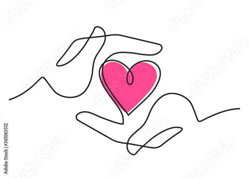 Continuous line drawing of red heart between two  human hands meaning care and love.  Vector illustration