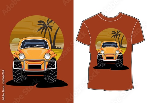 Tropical vacation cars and sunset summer holiday shirt designs