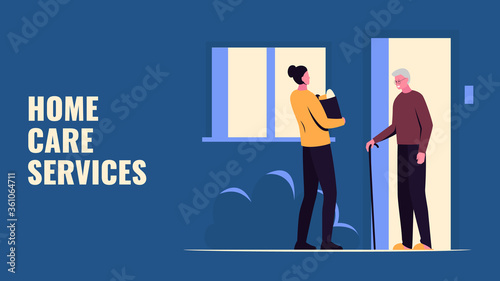 Vector concept illustration of a girl handing groceries to an elderly man on the porch of the house. It represents a concept of home care service, help for the elderly people during pandemic isolation