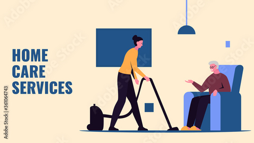 Vector concept illustration of a home care nurse vacuuming the room and an elderly man sitting in chair. It represents a concept of home care, help for the elderly people, house cleaning assistance