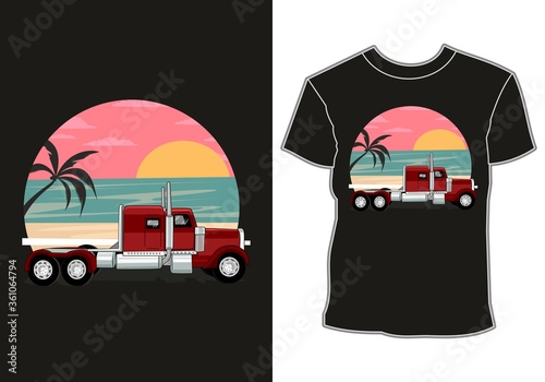 summer vacation, the car is parked on the seafront with a sunset view and coconut trees, t shirt design