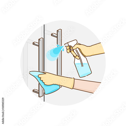 Cleaning the glass door handle with alcohol spray and fabric for prevent infection of Covid-19 virus. Vector illustration