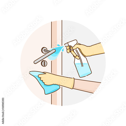 Cleaning the door handles with alcohol spray and fabric for prevent infection of Covid-19 virus. Vector illustration