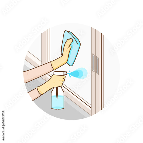 Cleaning the Window with alcohol spray and fabric for prevent infection of Covid-19 virus. Vector illustration