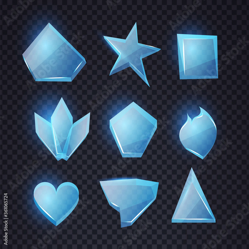 Cartoon blue glass banners set. Chrystal shapes. Transpatern glossy elements with light. Game design.