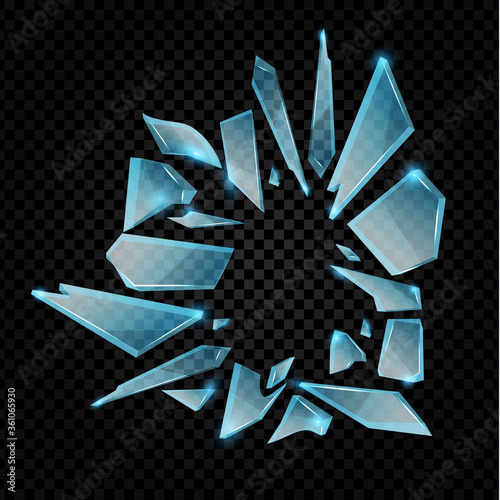 Realistic transparent shards of broken glass. Blue golssy glass pieses. Crash background.