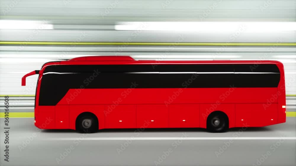 red tourist bus in a tunnel. fast driving. tourism concept. 3d animation.
