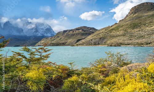 Landscape of Lago del Pehoe in Torres del Paine national park  Patagonia  Chile.