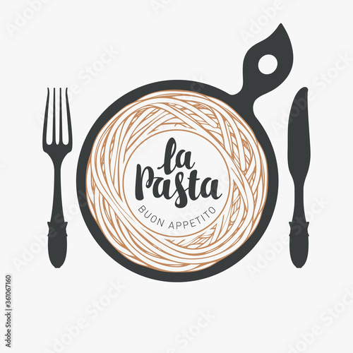 Italian pasta in a black frying pan with fork and knife on a light background in retro style. Vector banner or menu for a restaurant with calligraphic inscription La pasta