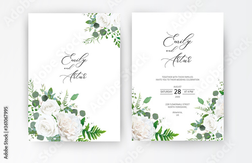 Wedding invite, invitation, save the date card. Vector floral frame design: ivory white powder peony Rose flower, Eucalyptus branch, greenery forest fern leaves, plants. Elegant romantic cute template