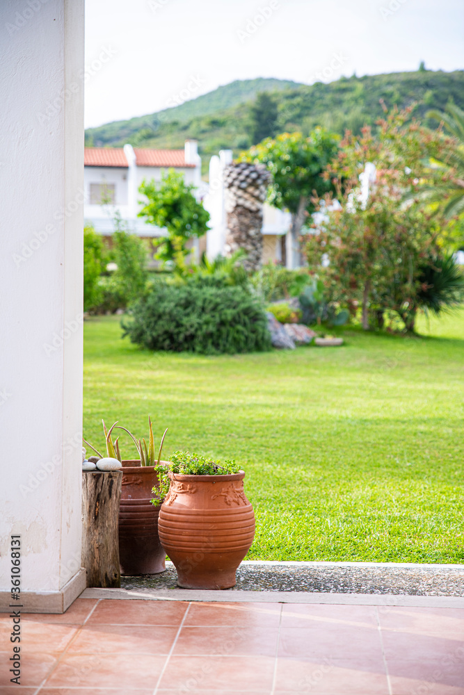 Ancient Greek flower pot with a garden view