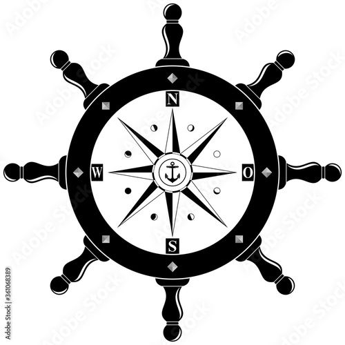 Nautisches Steuerrad mit Kompass Rose mit deutscher Osten Beschreibung, Anker und Mondphasen in schwarz als Vektor auf einem isolierten weißen Hintergrund.