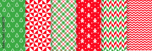 Christmas seamless pattern. Vector. Prints with tree, triangle, zigzag, gingerbread man, plaid and herringbone. Xmas New year backgrounds. Set textures. Festive wrapping paper. Red green illustration