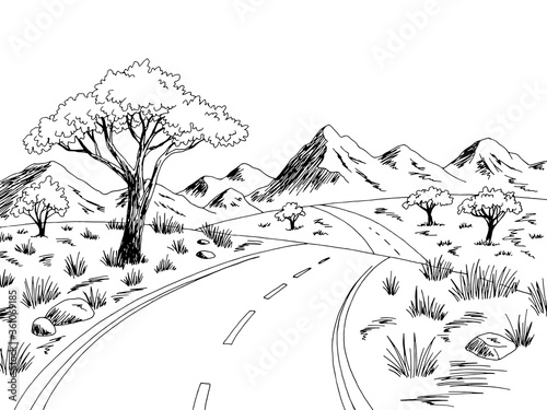 Savannah road graphic black white landscape sketch illustration vector