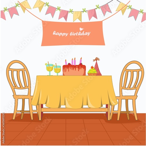 birthday party at home with cake birthday,hat,orange juice,flag decoration and poster flat design