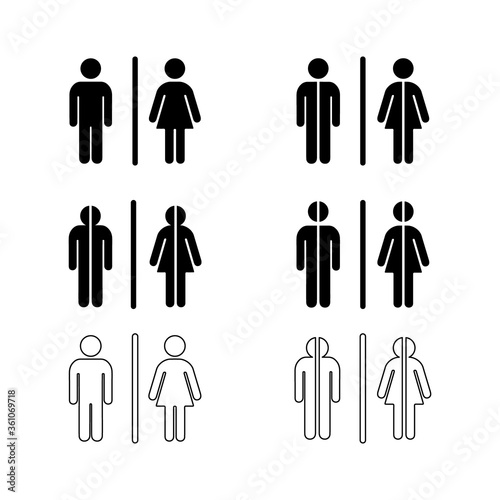 Set of male and female toilet signs. WC. Restroom. Black silhouette of man and woman on a white background. Logo, template, plate, icon, pictogram on the toilet door. Abstract design.