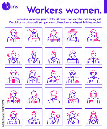 Vector color linear icon set of workers women objects