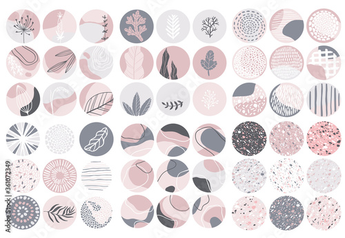Highlights Covers. Minimalistic large set of abstract patterns with floral elements, patterns and stamps in a pastel nude palette. Isolated vector background image in a circle on a white background.