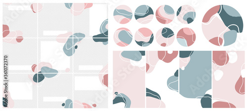 Template for social network posts, post puzzles, stories, highlights covers. Trendy editable vector abstract backgrounds in pastel pink and blue colors. Minimalistic design seamless backgrounds for