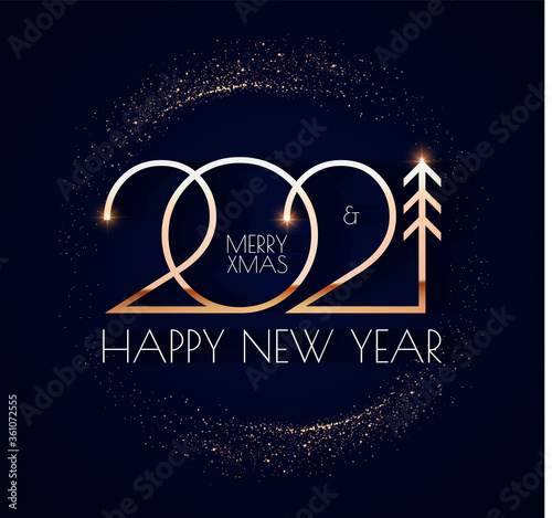 Happy new 2021 year Elegant gold text with light. Minimalistic text template.