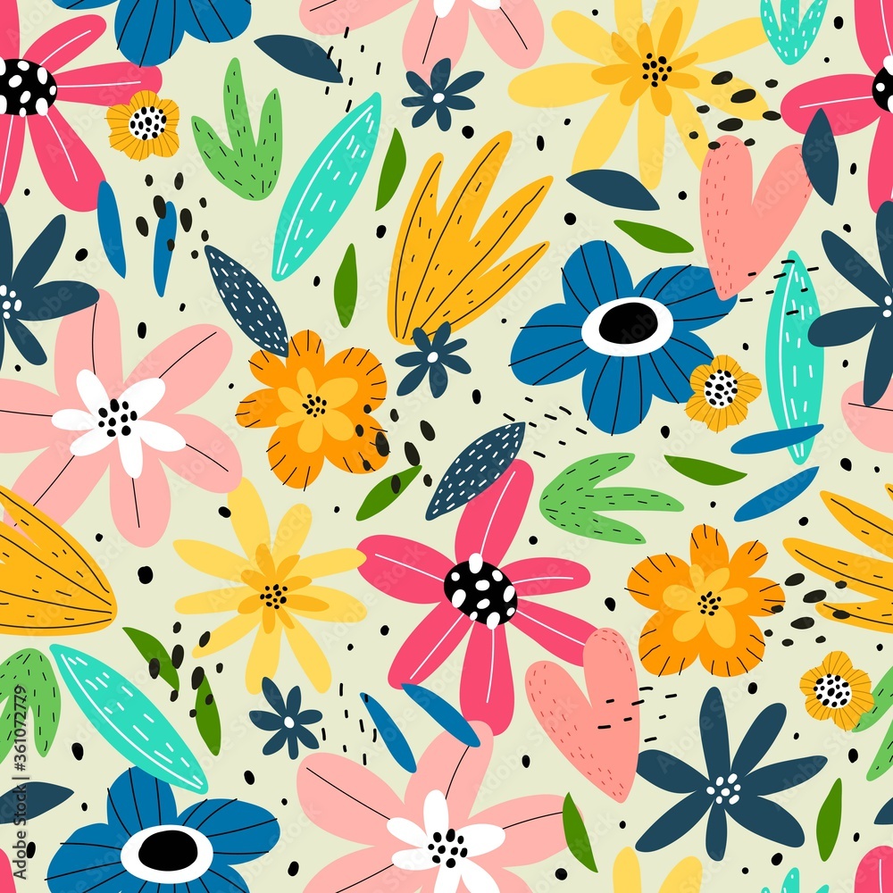 summer seamless pattern with cartoon flowers, decor elements on a neutral background. colorful vector, hand drawing. design for fabric, print, textile, wrapper
