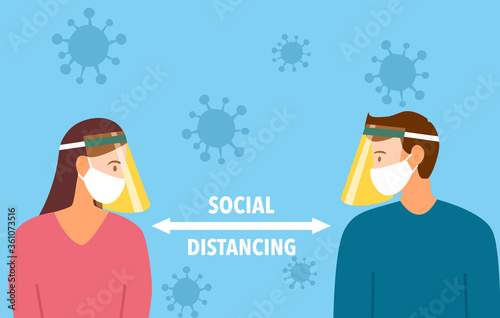 Social distancing concept vector illustration. Man and woman wearing medical masks and face shield and keeping away to prevent Covid-19 Coronavirus disease. Idea for Coronavirus prevention.