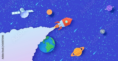 Space with red rocket satellite and planets in paper cut style. Cut out 3d universe abstract background with planet Earth, Mercury, Saturn, Jupiter and spacecraft launch papercut art. Vector card
