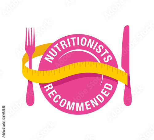 Nutritionists recommended icon - circular stamp in plate form with measuring tape around - hor healty diet low-cal food products