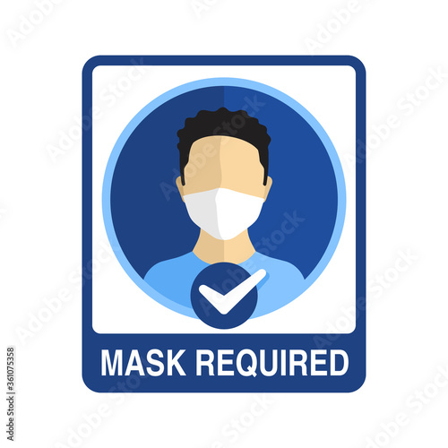 Mask required warning prevention sign - human face with protective mask in circular frame - isolated vector information signboard