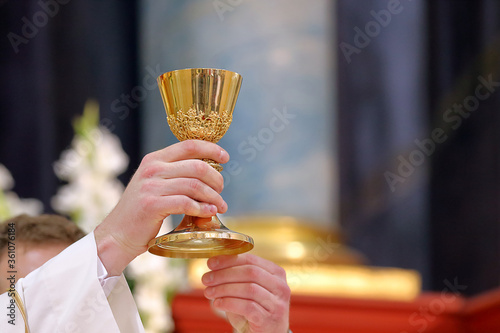 Chalice in the hands of the priest on the altar during the celebration of the mass