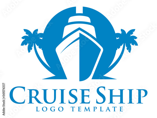 Cruise ship vector logo template with palm trees and big white cruise liner.