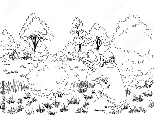 Hunter is ambushed in the bush forest glade graphic black white landscape sketch illustration vector