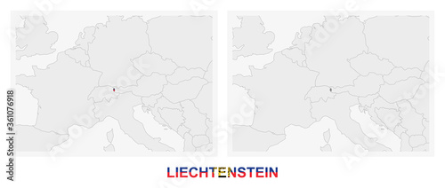 Two versions of the map of Liechtenstein, with the flag of Liechtenstein and highlighted in dark grey.