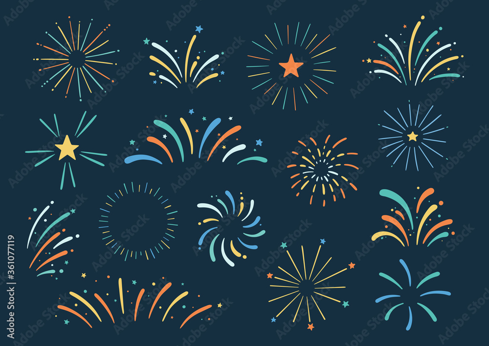 Fototapeta premium Vector collection with hand drawn colorful fireworks. Festive fireworks for holiday, New Year, party, Christmas, birthday, carnival, Independence day. Celebration firework isolated on dark background