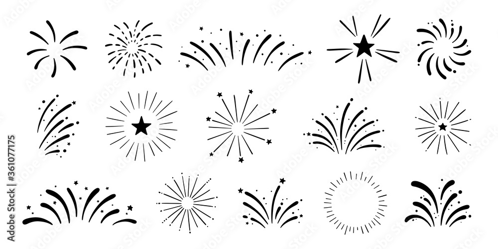Vector hand drawn fireworks set. Festive fireworks for holiday, New Year, party, Christmas, birthday, carnival, Independence day. Celebration firework isolated on white background Vector hand drawn fireworks set. Festive fireworks for holiday, New Year, party, Christmas, birthday, carnival, Independence day. Celebration firework isolated on white background