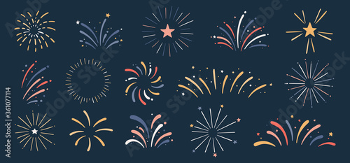 Vector collection with hand drawn colorful fireworks. Festive fireworks for holiday, New Year, party, Christmas, birthday, carnival, Independence day. Celebration firework isolated on dark background