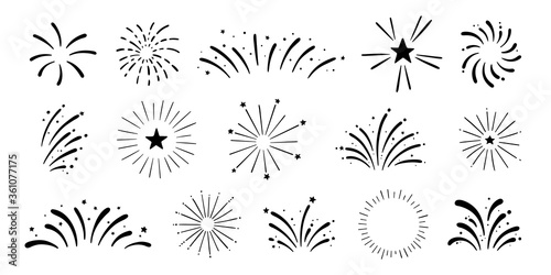 Vector hand drawn fireworks set. Festive fireworks for holiday, New Year, party, Christmas, birthday, carnival, Independence day. Celebration firework isolated on white background