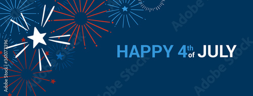 USA Independence Day. 4th of July. Festive vector banner with hand drawn fireworks and stars in red, blue, white. Greeting poster, celebration vector illustration