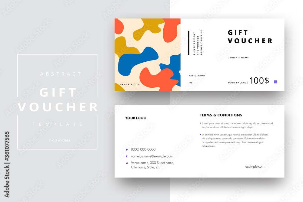 Fototapeta Abstract gift voucher card template. Modern discount coupon or certificate layout with geometric shape pattern. Vector fashion bright background design with information sample text.