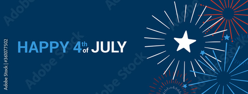 USA Independence Day. 4th of July. Festive vector banner with hand drawn fireworks and stars in red, blue, white. Greeting poster, celebration vector illustration