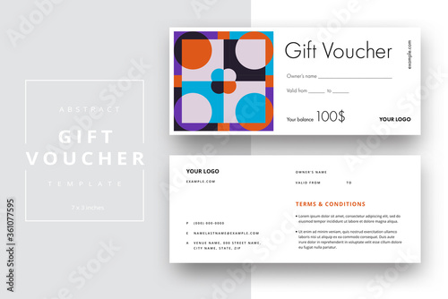 Abstract gift voucher card template. Modern discount coupon or certificate layout with geometric shape pattern. Vector fashion bright background design with information sample text.