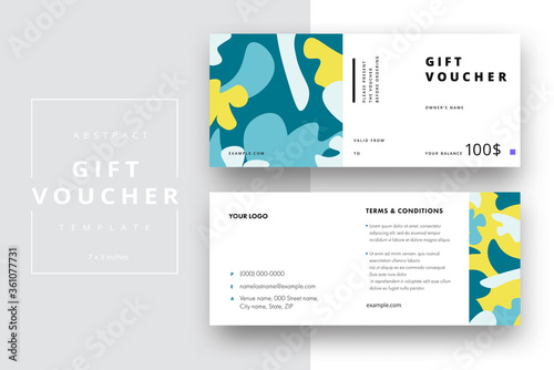 Abstract gift voucher card template. Modern discount coupon or certificate layout with geometric shape pattern. Vector fashion bright background design with information sample text.