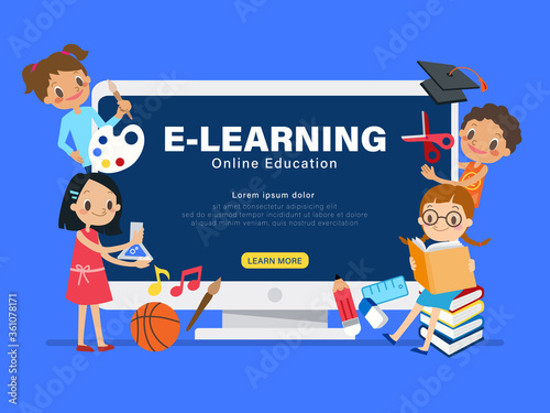 E-learning online education concept illustration. Group of children with learning activities.