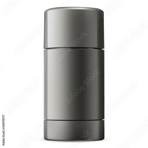 Deodorant stick. Black container mockup for men antiperspirant. 3d pack for gel deodorize. Luxury hygiene tube. Frash packaging blank with plastic roll