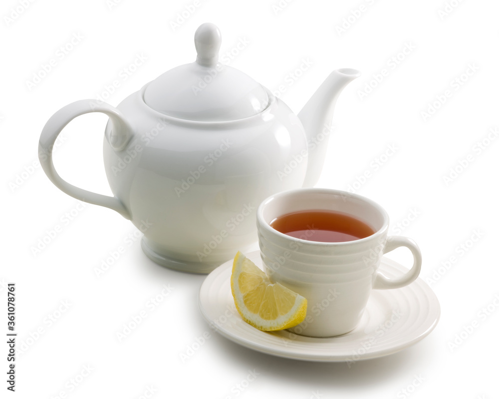 Te rojo, tetera y taza con plato. Red tea, teapot and cup with saucer.