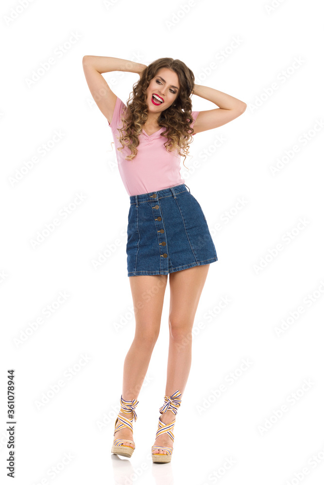 Happy Woman Holding Hands Behind Head And Talking Happy Woman Holding Hands Behind Head And Talking